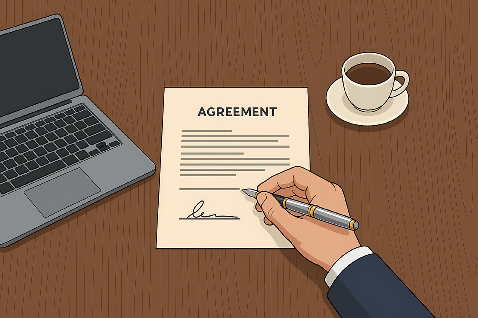 Contrat de vente immobilière posé sur un bureau, stylo prêt pour la signature